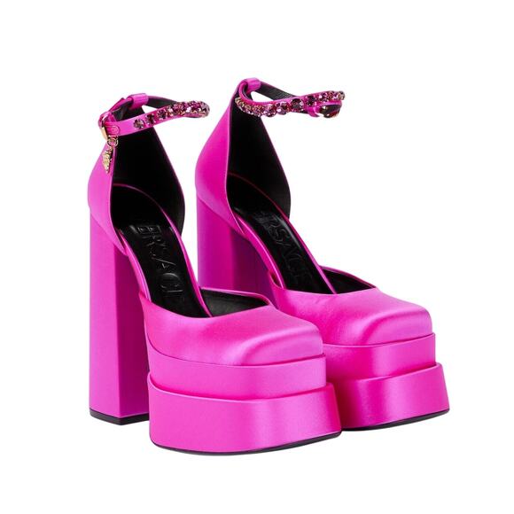 Versace Aevitas Platform Pumps 37 US 7 Pink Fuchsia Satin Crystal NIB $1575 - Picture 1 of 16